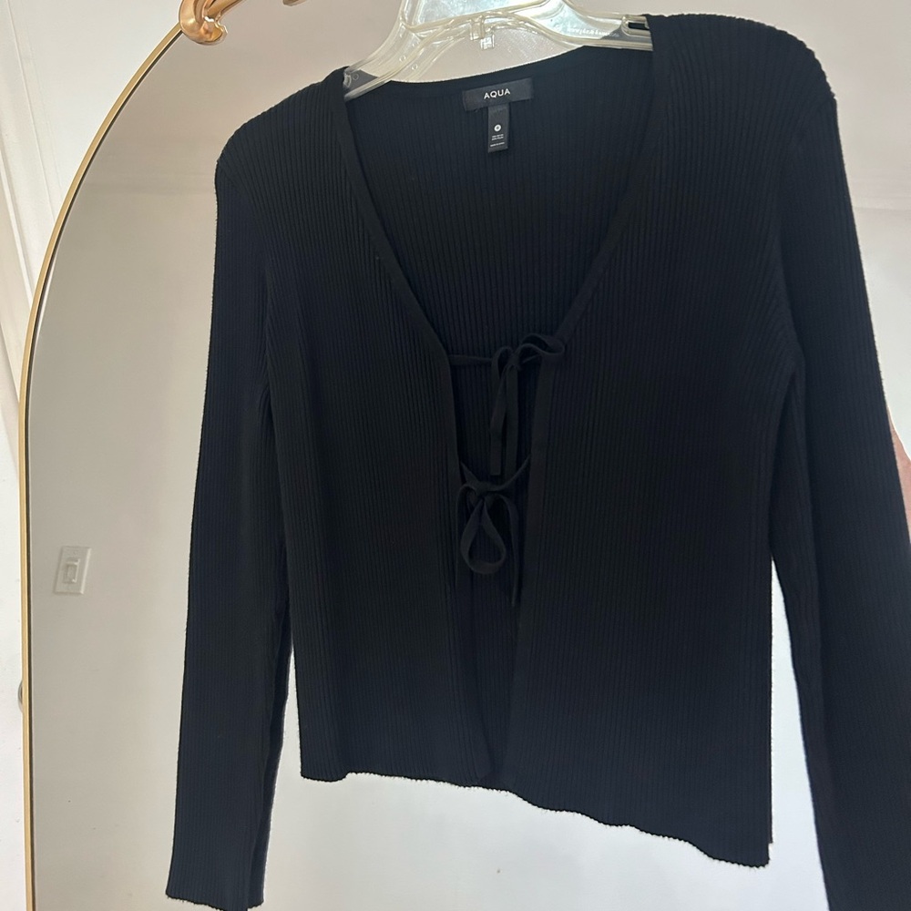 Aqua Black Ribbed Cardigan with Tie-Front